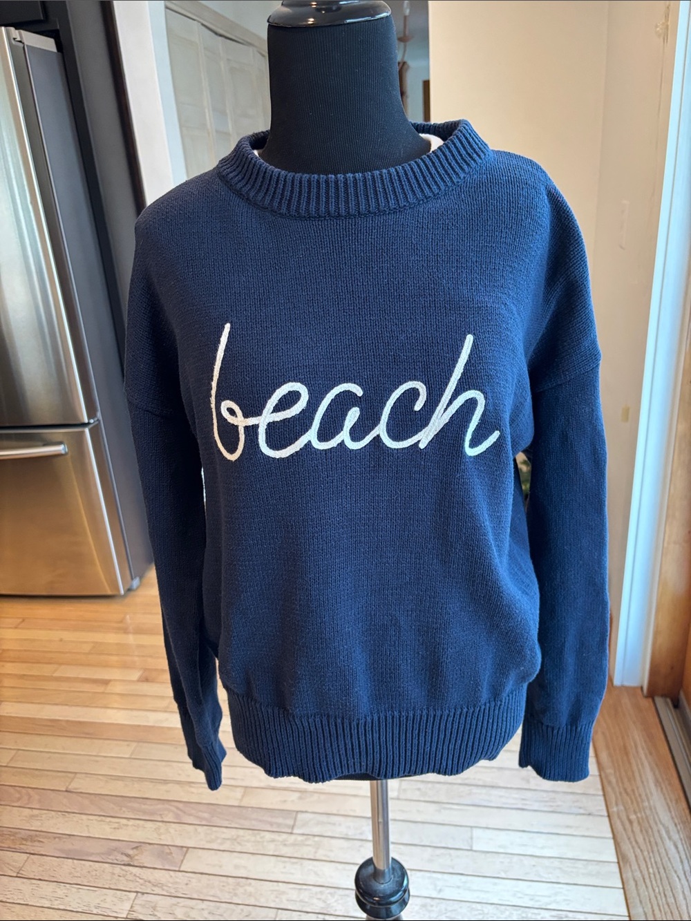 Z Supply Navy Crewneck Sweater with White "beach" Script